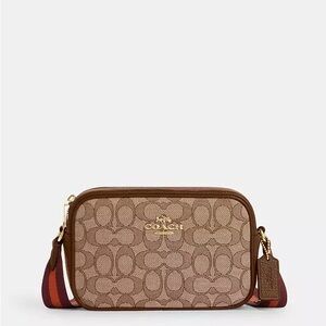 Coach Mini Jamie Camera Bag Khaki Signature Jacquard Saddle Leather